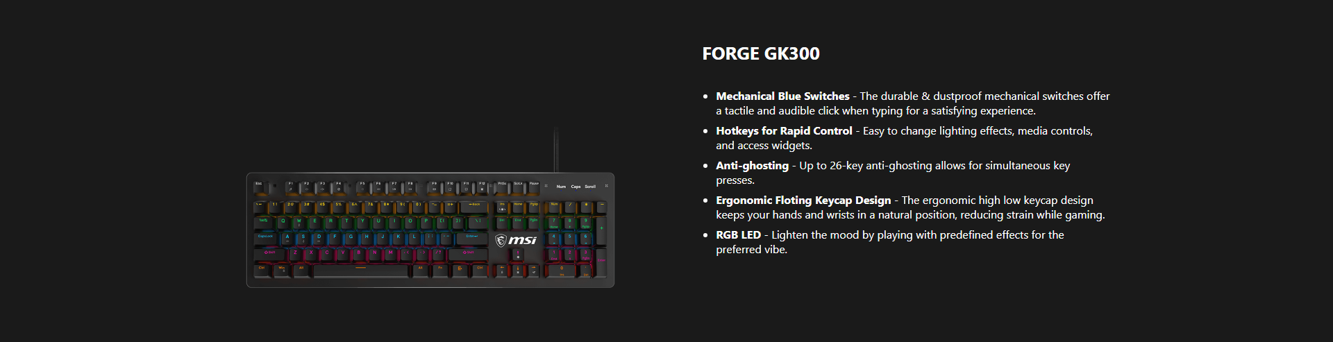 A large marketing image providing additional information about the product MSI Forge GK300 RGB Mechanical Gaming Keyboard - Blue Switch - Additional alt info not provided